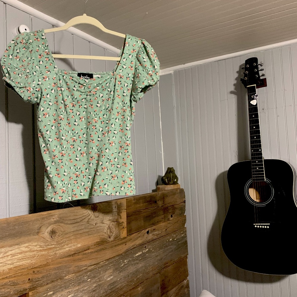 Cottage core Puffy Sleeve Green Floral Shirt